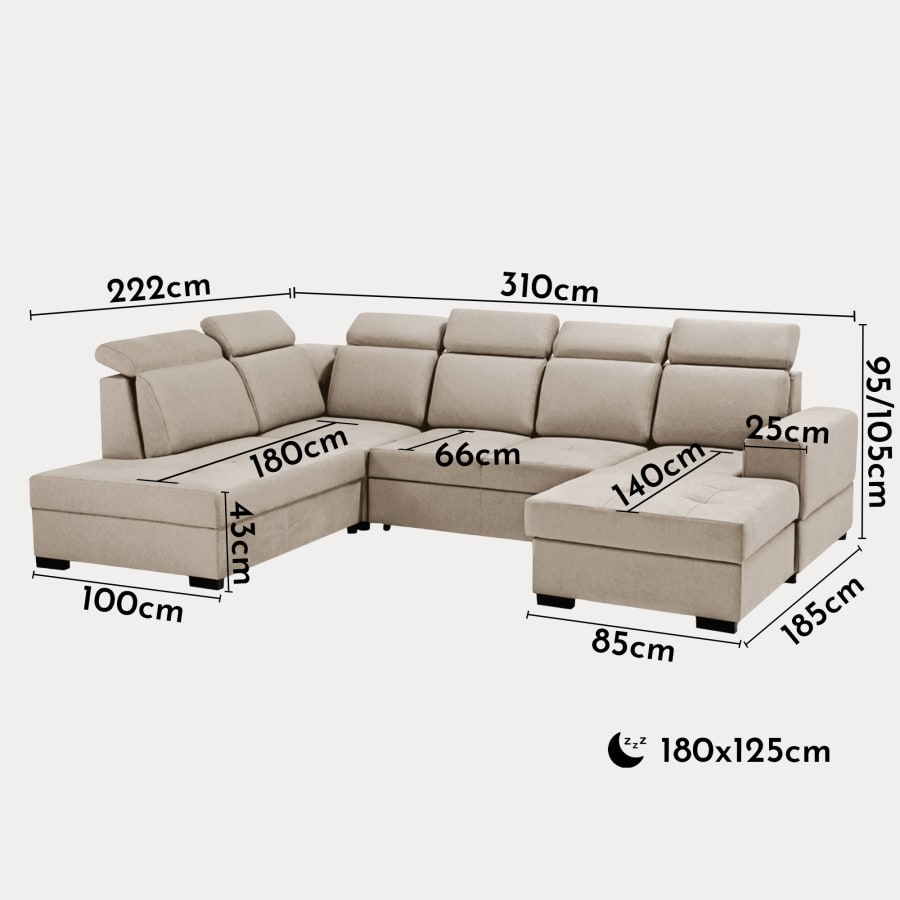 Canapé panoramique convertible avec coffre en tissu beige - Angle droit
